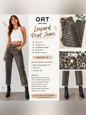 OAT New York Leopard Print High Rise Straight Crop Jeans Size 25